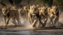 Группа львов, бегущих в дикой природе | Премиум Фото